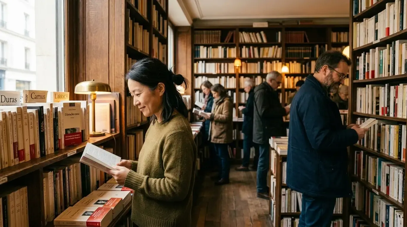 Une femme et un homme consultent séparément des livres dans une librairie chaleureuse