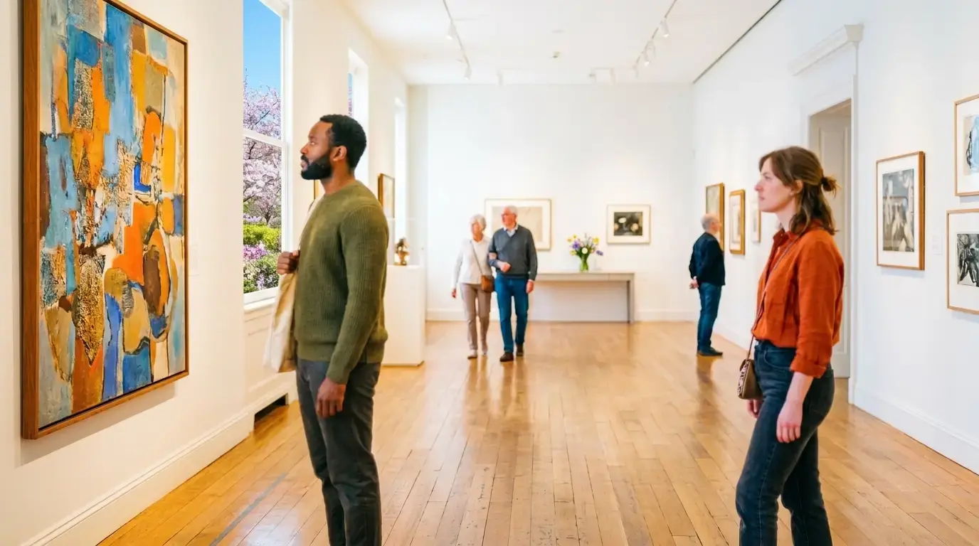 Une femme et un homme visitent séparément une galerie d’art lumineuse
