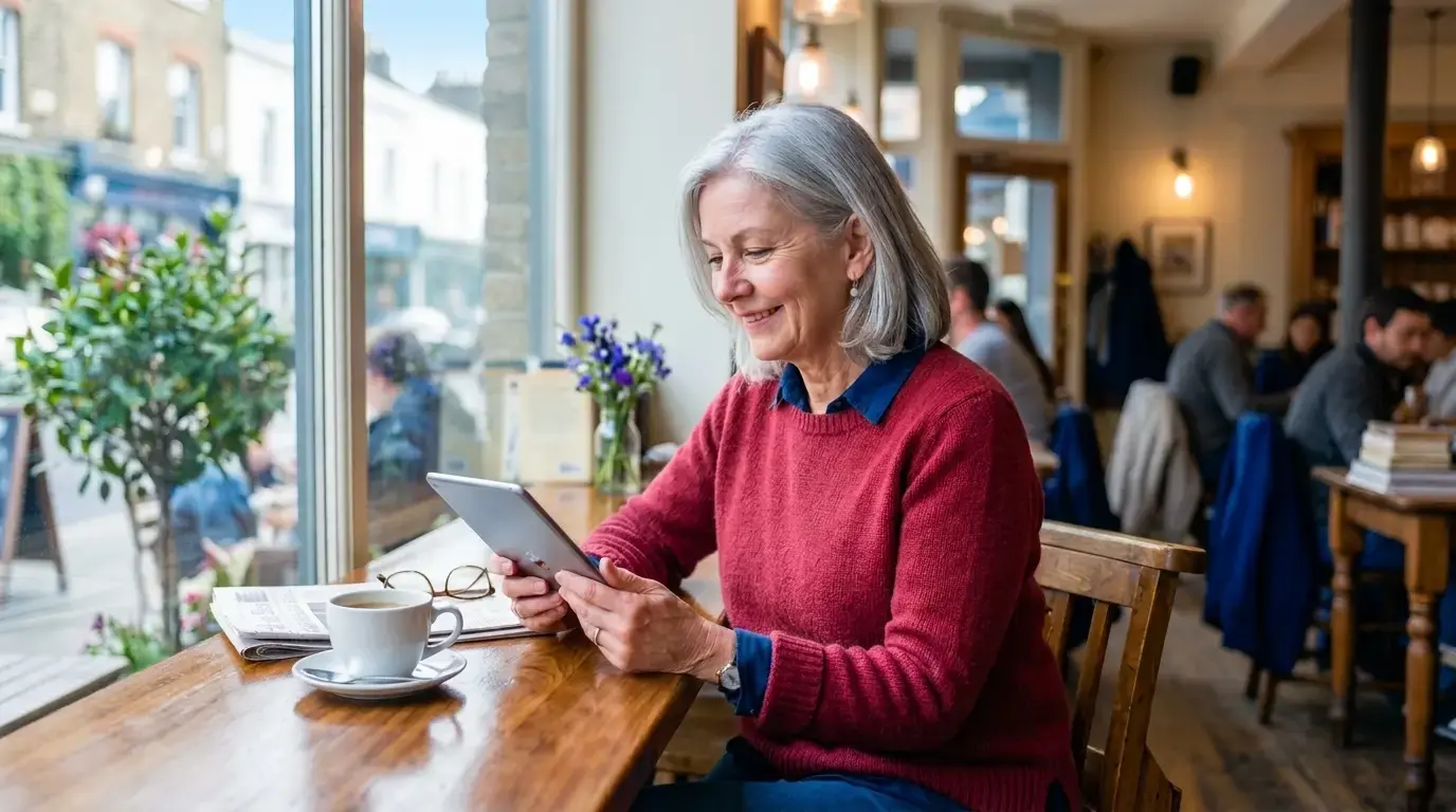 Une femme souriante consulte une tablette dans un café lumineux