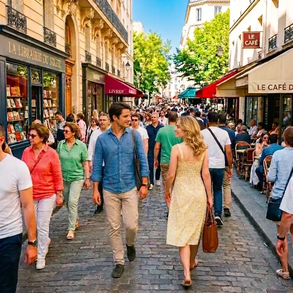 Deux adultes se croisent brièvement dans une rue animée