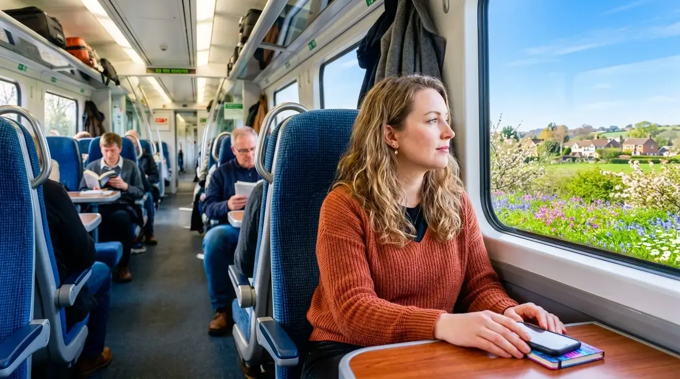 Une femme voyage sereinement en train avec son téléphone posé devant elle